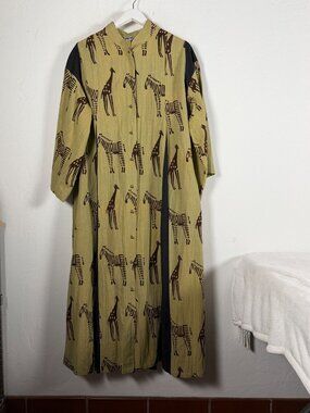 Cheppu Nepal Cotton Maxi Long Shirt Dress Womens Green Safari Zebra Giraffe